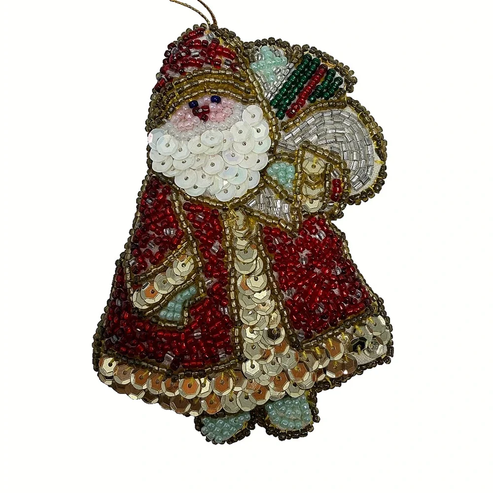 Vintage Handmade Beaded Sequin Santa Claus Christmas Tree Ornament 4